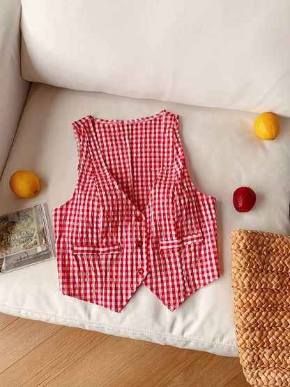 Damska kraciasta kamizelka z dekoltem w serek w stylu vintage – elegancka bezrękawnikowa krótka kamizelka na wiosnę i lato