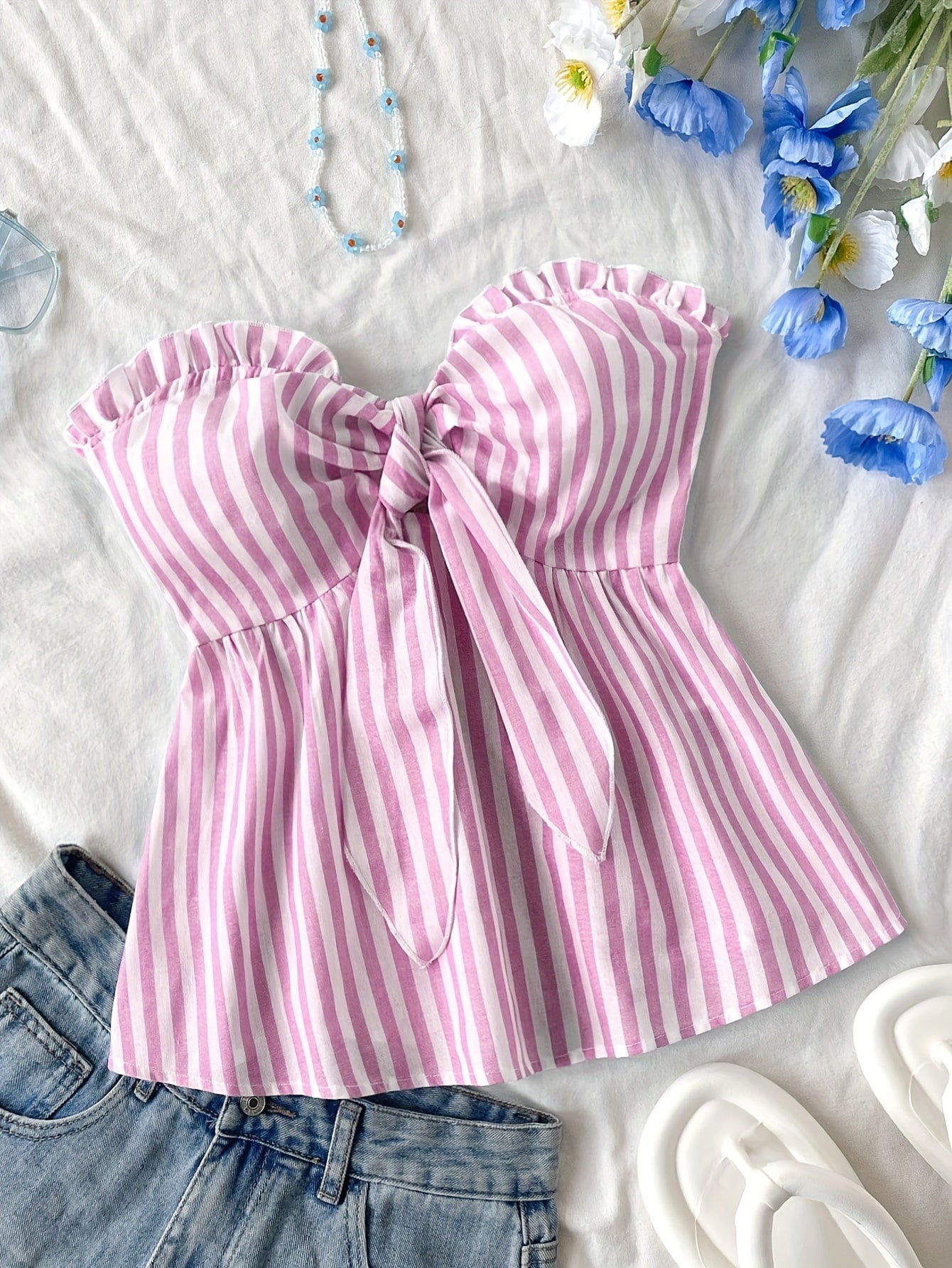 Damen Bandeau Top mit Schleifen-Detail und Streifen – Modisches Sommer Oberteil für Freizeit und Urlaub