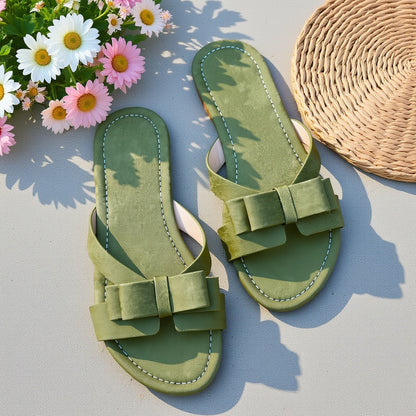 Damskie płaskie sandały z kokardą – eleganckie buty letnie na co dzień i garden party