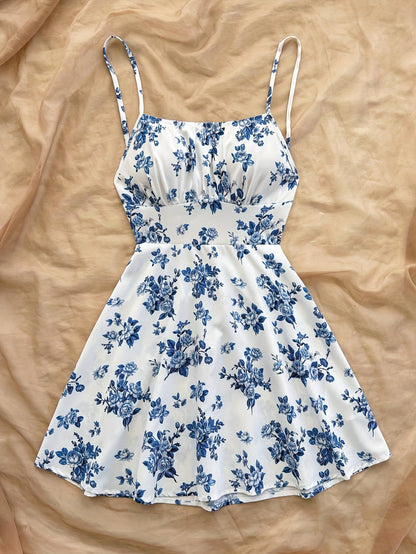 Dame sommerkjole elegant med blomsterprint og spaghetti-stropper – Perfekt for fritid og spesielle anledninger
