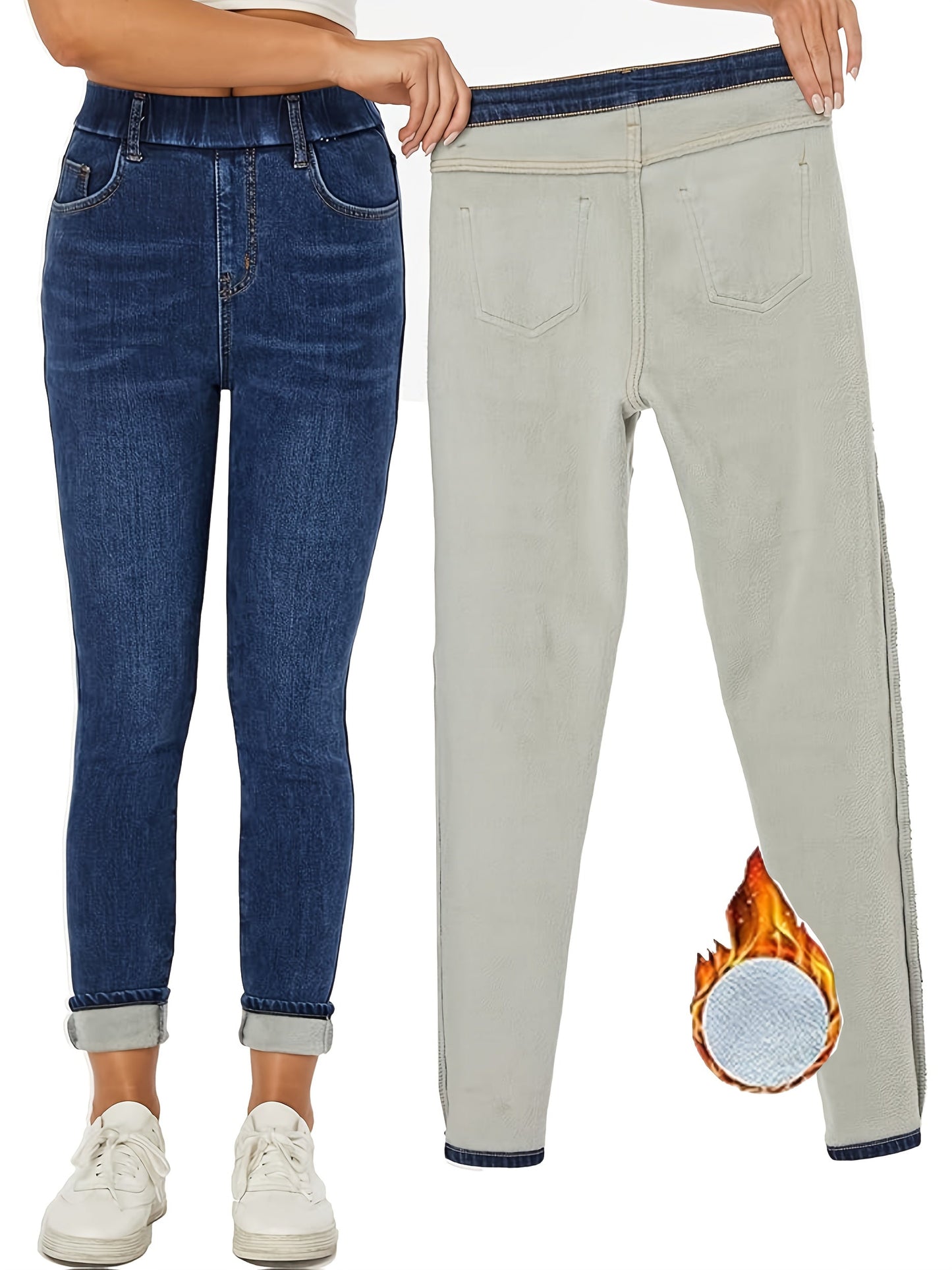Leggings jeans da donna foderati blu con effetto pile teddy