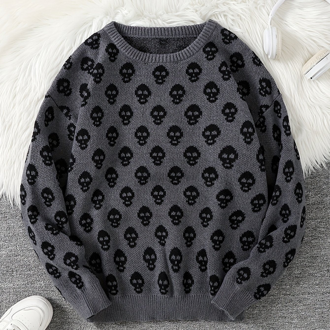 Jersey de punto unisex con cuello redondo, estampado de calavera y manga larga