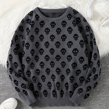 Jersey de punto unisex con cuello redondo, estampado de calavera y manga larga