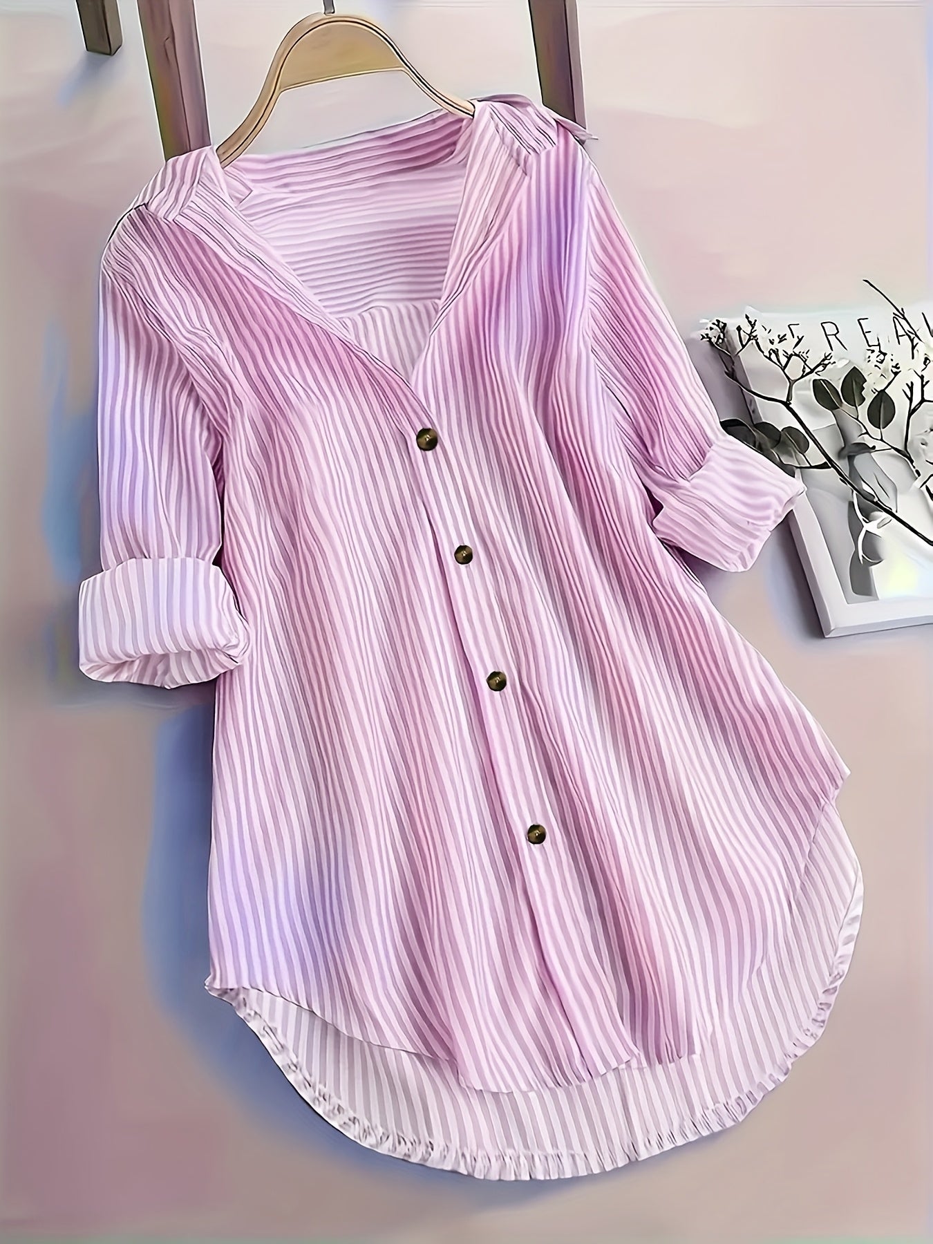 Dame langærmet skjortebluse med striber, afslappet elegant til kontor og hverdag