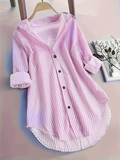 Dame langærmet skjortebluse med striber, afslappet elegant til kontor og hverdag