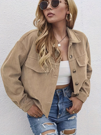 Damen Cordjacke Khaki mit Knopfleiste & Brusttaschen