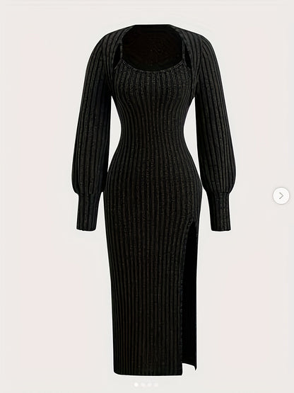 Damen Geripptes Midikleid mit Spaghettiträgern und Kurzpullover-Set