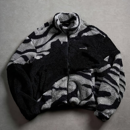 Chaqueta unisex de forro polar de peluche con estampado de cebra y cuello alto