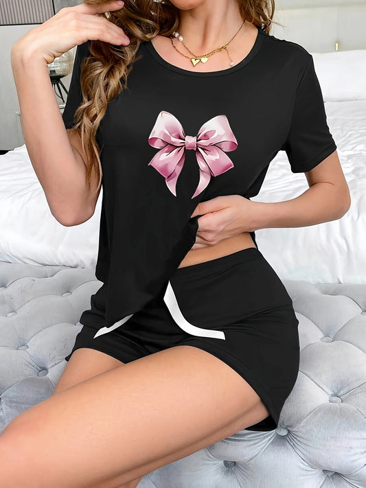 Set pigiama donna con stampa di fiocchi, manica corta, estivo, lounge e pigiama, stile casual