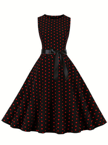 Damen Vintage Polka Dot Fit & Flare Partykleid mit Gürtel, ärmellos, Retro Sommerkleid