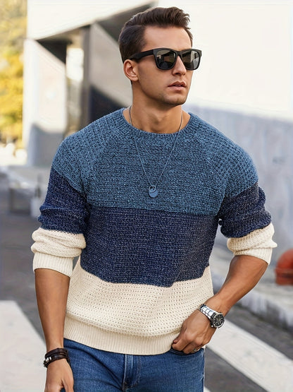Herren Strickpullover Rundhals Mehrfarbig Gestreift Strukturstrick