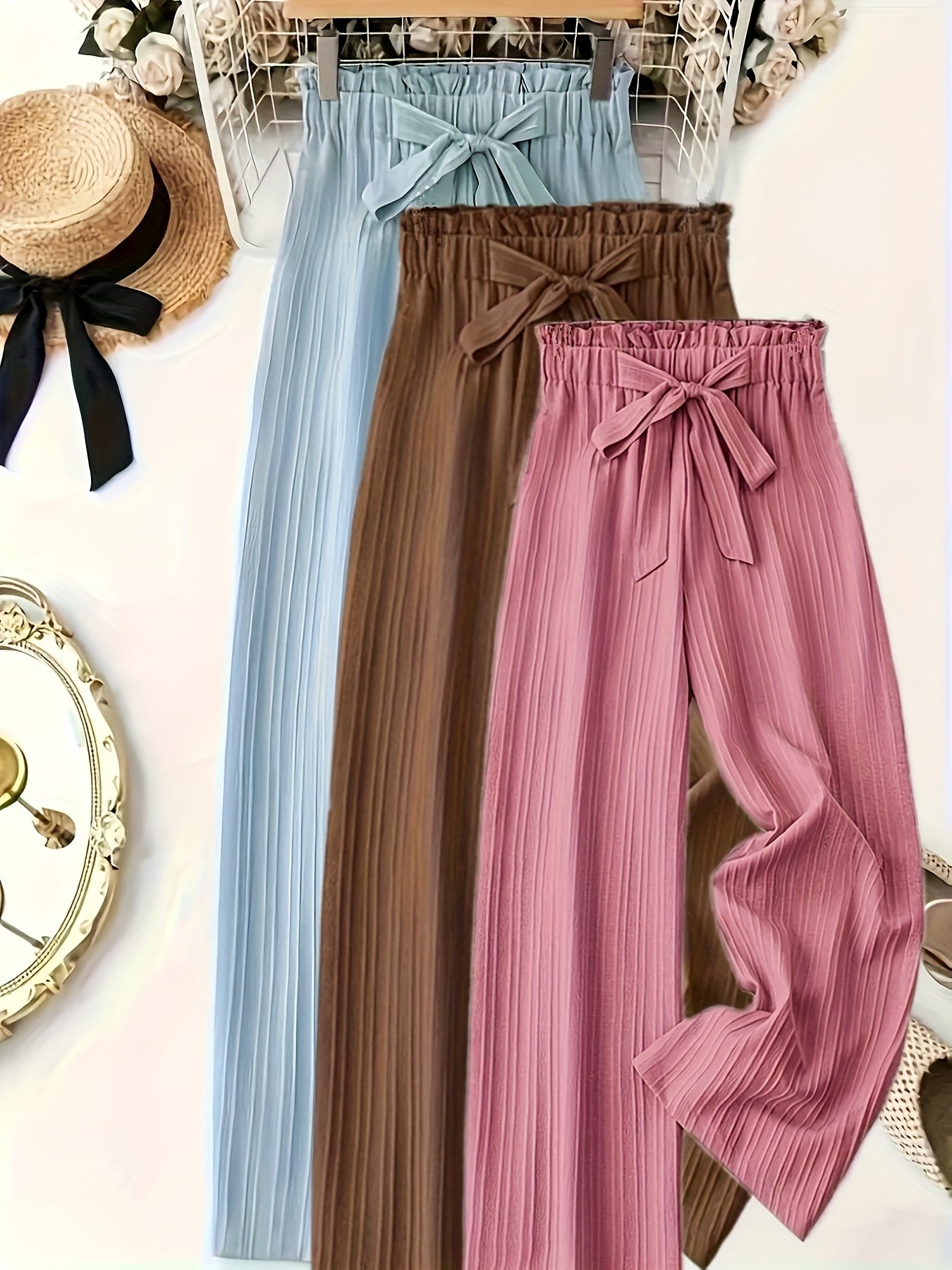 Pantalon plissé élégant pour femme, jambe large avec nœud – Parfait pour les loisirs et le bureau
