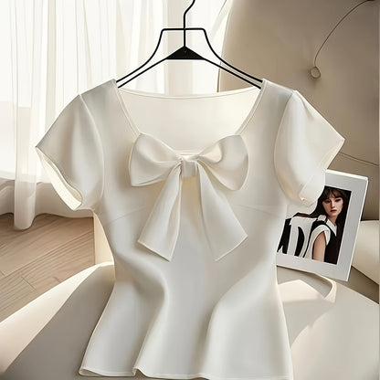 Blusa de mujer con lazo y manga corta – Estilo elegante y femenino para oficina y tiempo libre