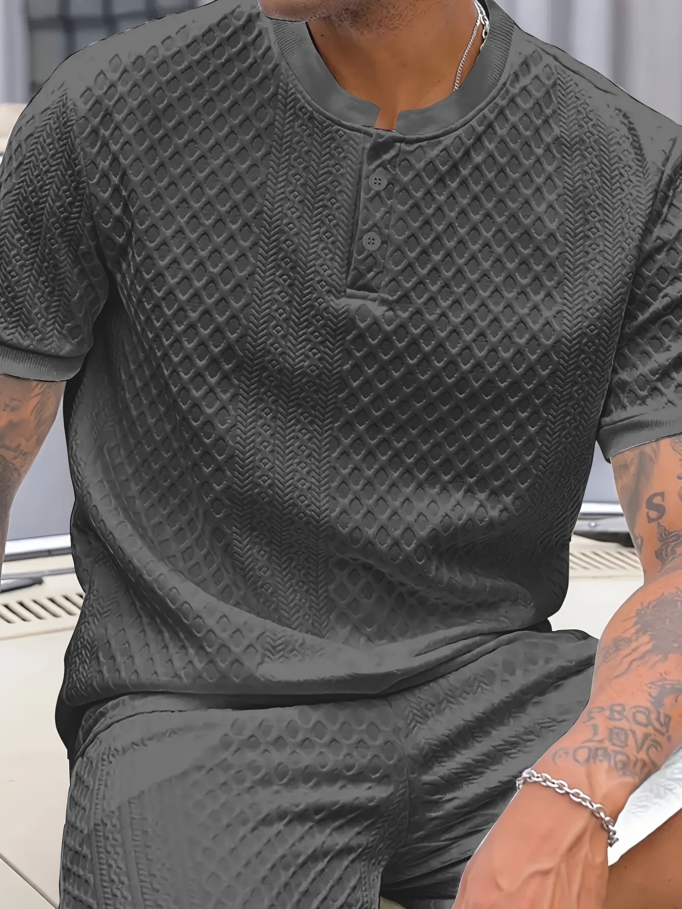 Herren Sommer Set mit Strukturmuster – Freizeit Kurzarm Shirt und Shorts für Alltag und Urlaub