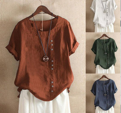 Dame Vintage sommerbluse, kortærmet med rund hals & knaplukning