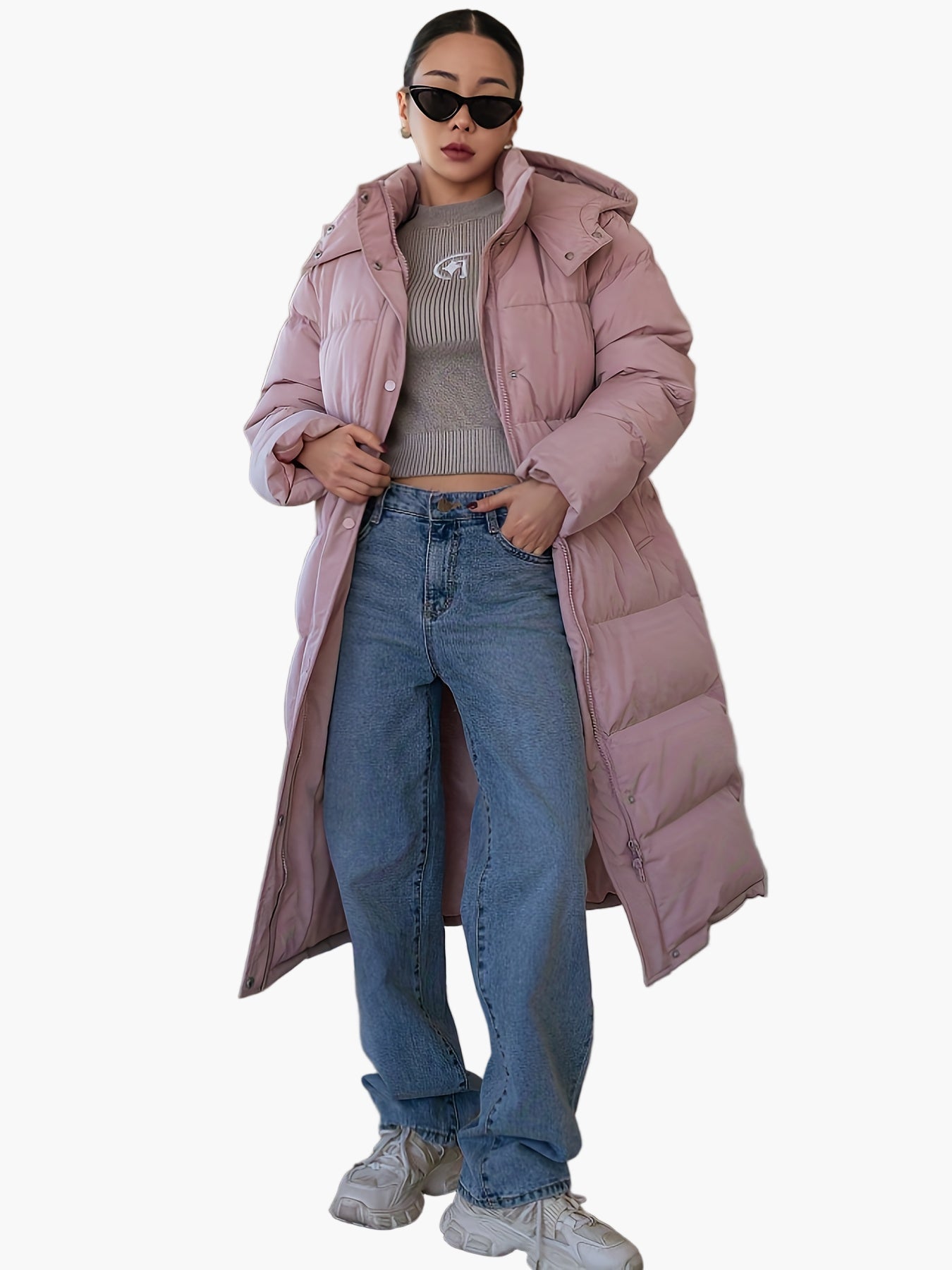 Abrigo acolchado largo de invierno para mujer elegante con capucha – Puff urbano moderno para días fríos