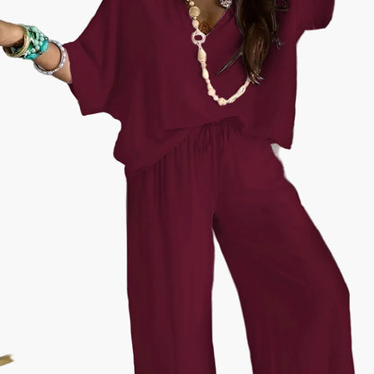 Damen Jumpsuit mit weitem Bein und V-Ausschnitt – Eleganter Freizeit Overall für Frühling und Sommer
