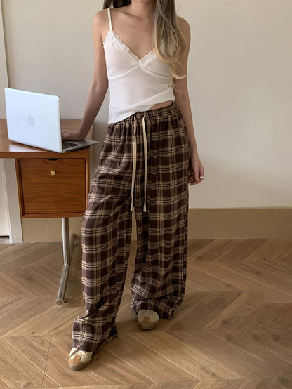 Pantaloni del pigiama da donna, marroni, a quadri, a gamba larga