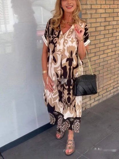 Dames Kaftan Maxijurk met V-hals en modern print – Perfect voor dagelijks gebruik & vakantie