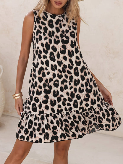 Vestido de verano para mujer con estampado de leopardo – Vestido casual sin mangas con volante y corte en A
