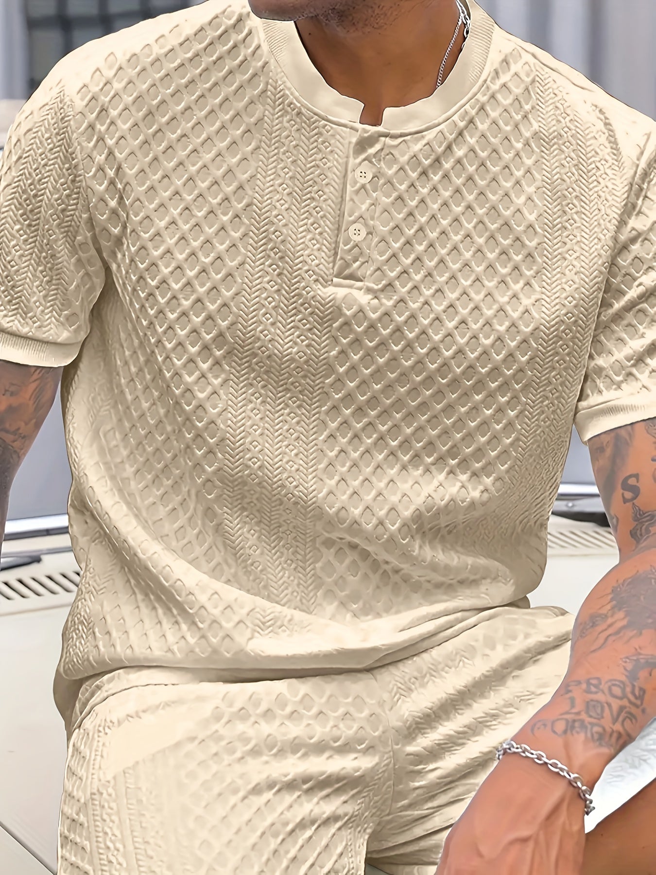 Herren Sommer Set mit Strukturmuster – Freizeit Kurzarm Shirt und Shorts für Alltag und Urlaub