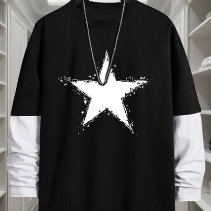 Herre-langærmet T-shirt med to-lagslook, stjerneprint og rund hals