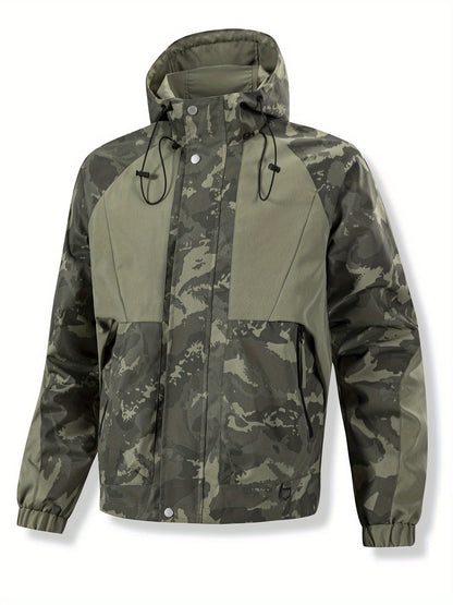 Chaqueta unisex para exteriores, camuflaje verde, con capucha y cremallera