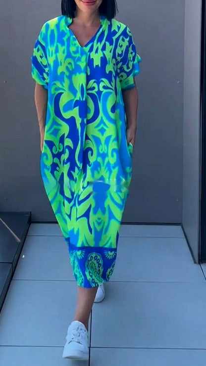 Dames Kaftan Maxijurk met V-hals en modern print – Perfect voor dagelijks gebruik & vakantie