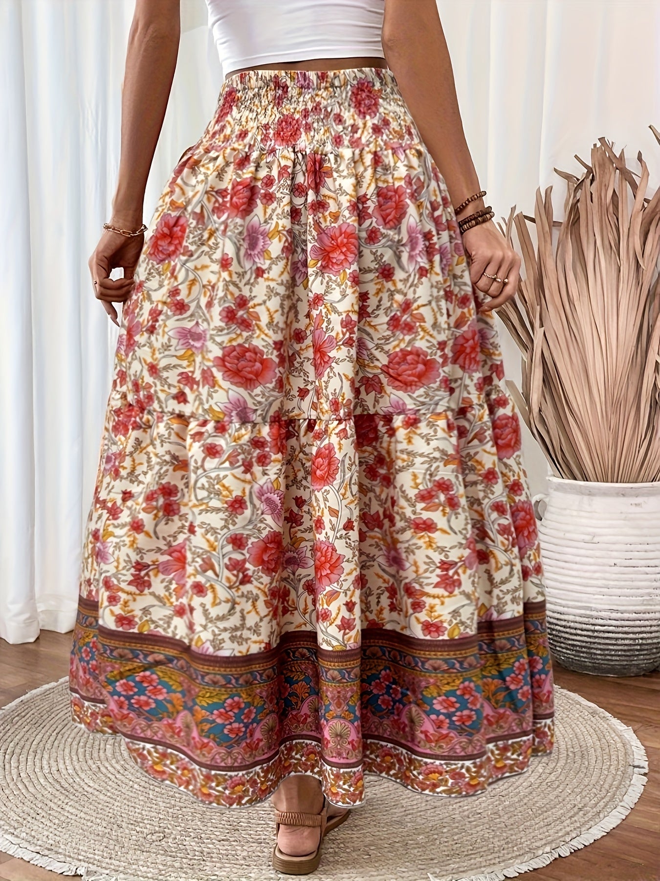 Damen Boho Maxirock mit Blumenmuster, Eleganter Sommerrock für Freizeit und Urlaub