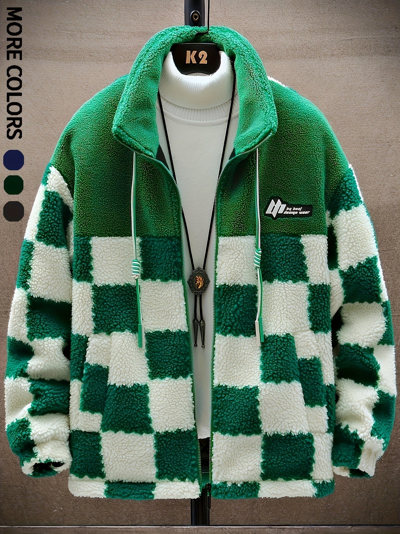 Chaqueta unisex de forro polar de peluche con cremallera y estampado de tablero de ajedrez azul y blanco