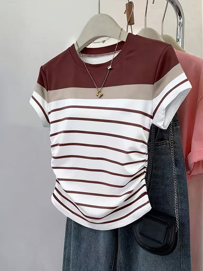 Damen T-Shirt mit Streifen und Raffung – Modisches Freizeitshirt, Sommer-Stil