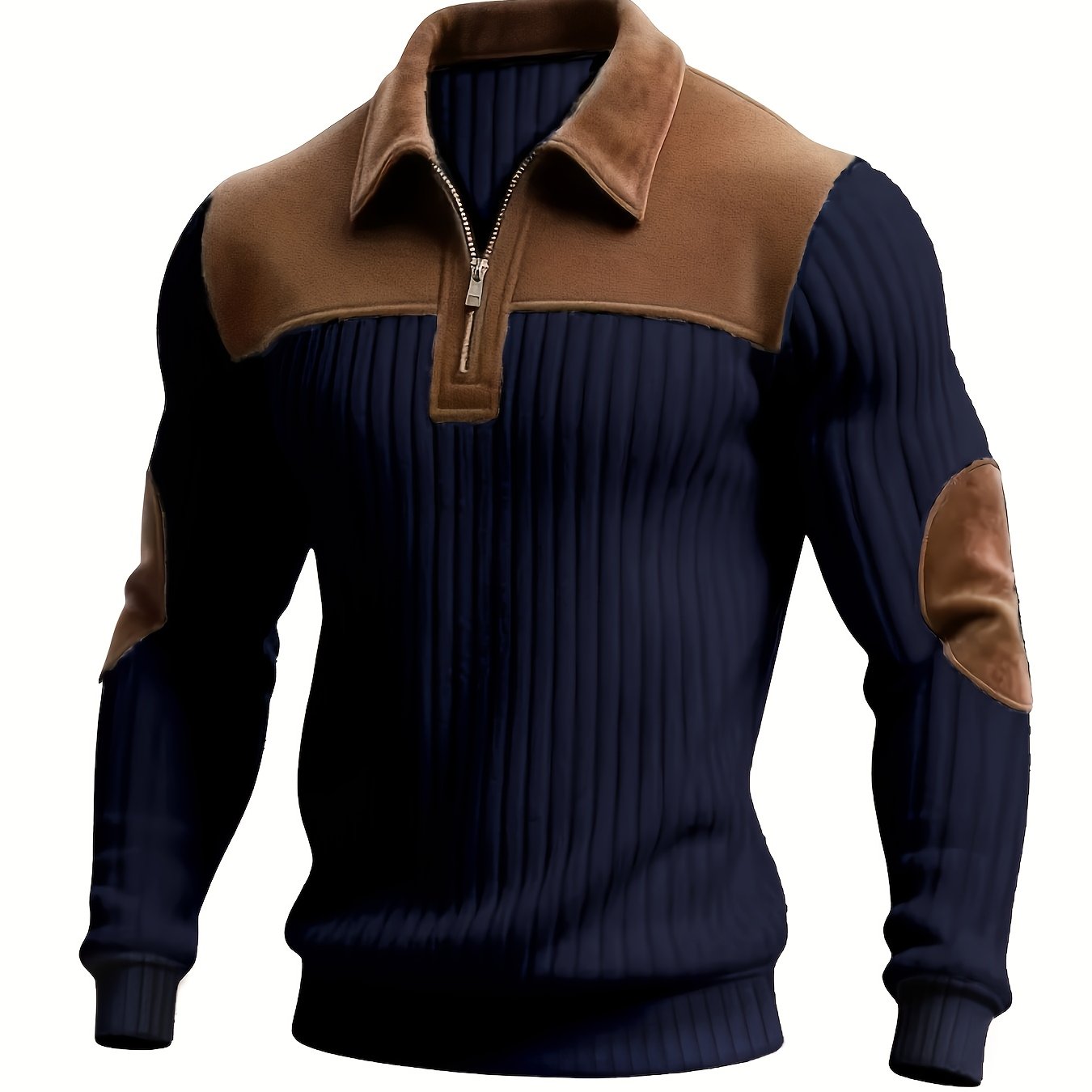 Herren Rippstrick Pullover mit Kragen, Reißverschluss und Patches