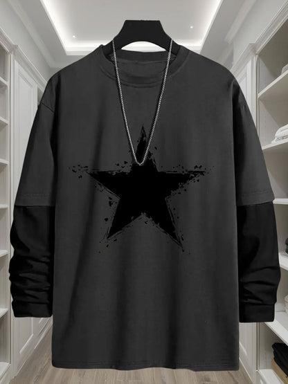 Herre-langærmet T-shirt med to-lagslook, stjerneprint og rund hals