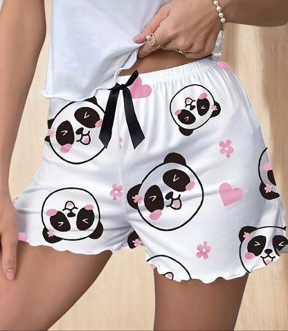 Dame sove-shorts med panda-mønster og sløjfe – Søde pyjamasshorts til forår og sommer