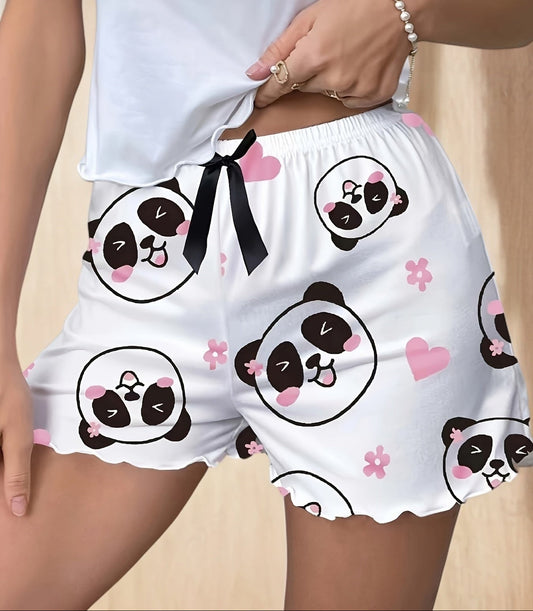 Damshorts med panda-mönster och rosett – Söta pyjamasshorts för vår och sommar