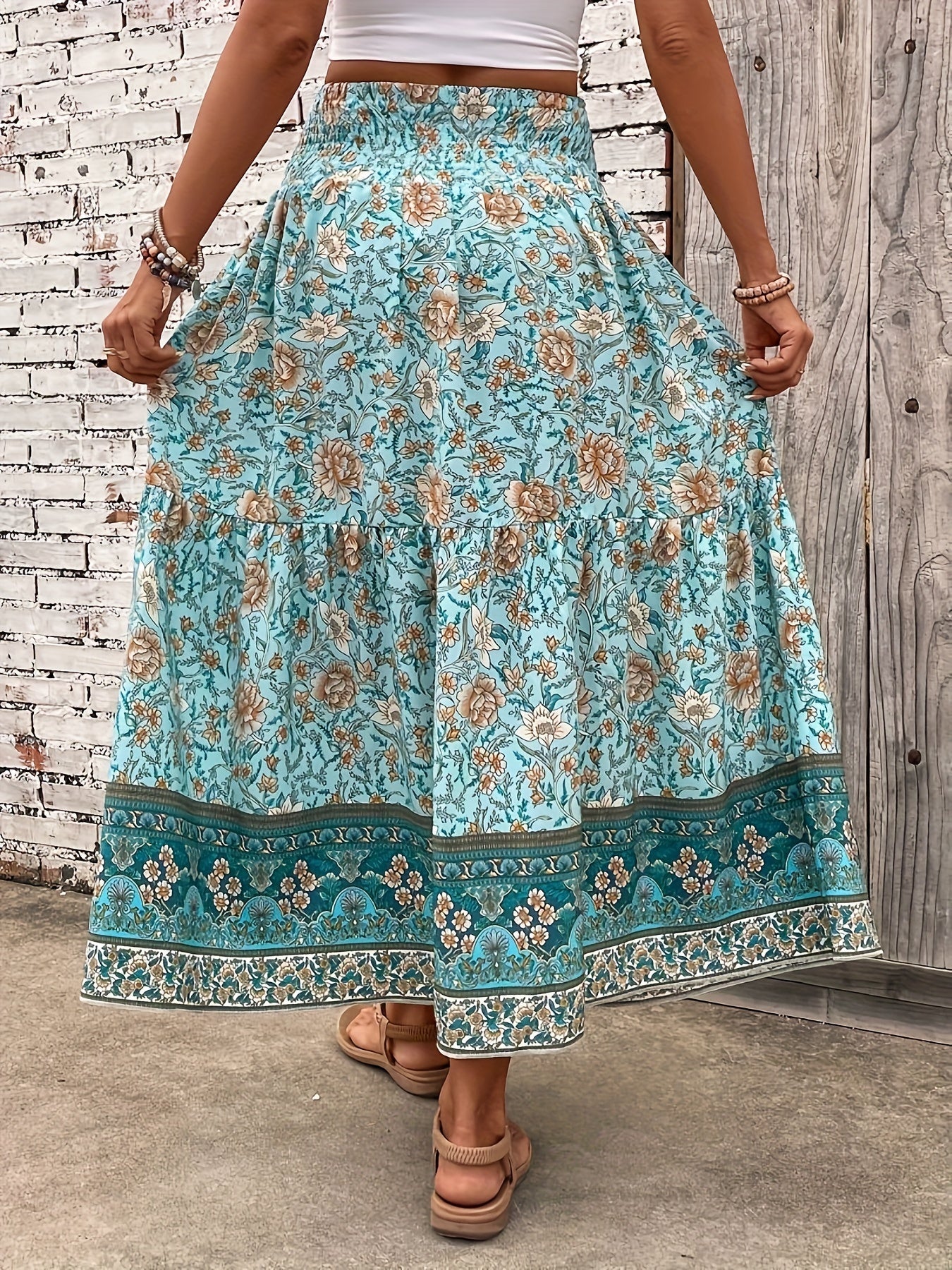 Damen Boho Maxirock mit Blumenmuster, Eleganter Sommerrock für Freizeit und Urlaub
