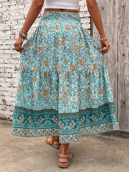 Damen Boho Maxirock mit Blumenmuster, Eleganter Sommerrock für Freizeit und Urlaub