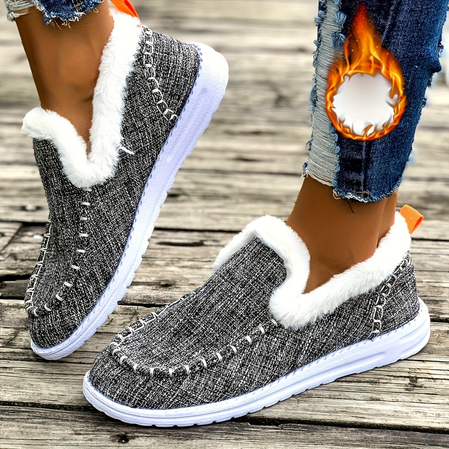Damen gefütterte Mokassins Grün mit weißem Plüschrand Loafer