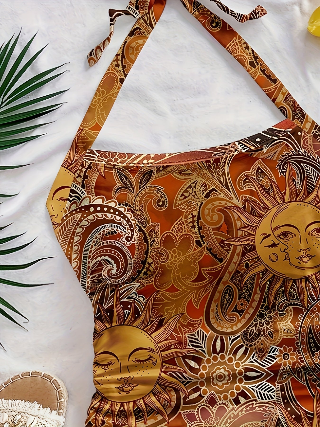 Damski vintage top na szyję z motywem słońca – letni festiwalowy styl boho