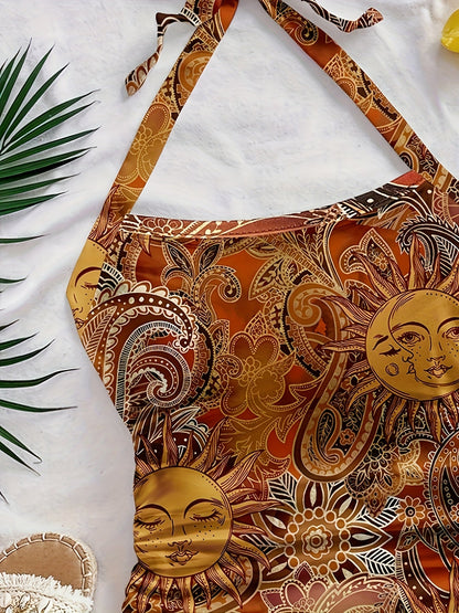 Damski vintage top na szyję z motywem słońca – letni festiwalowy styl boho