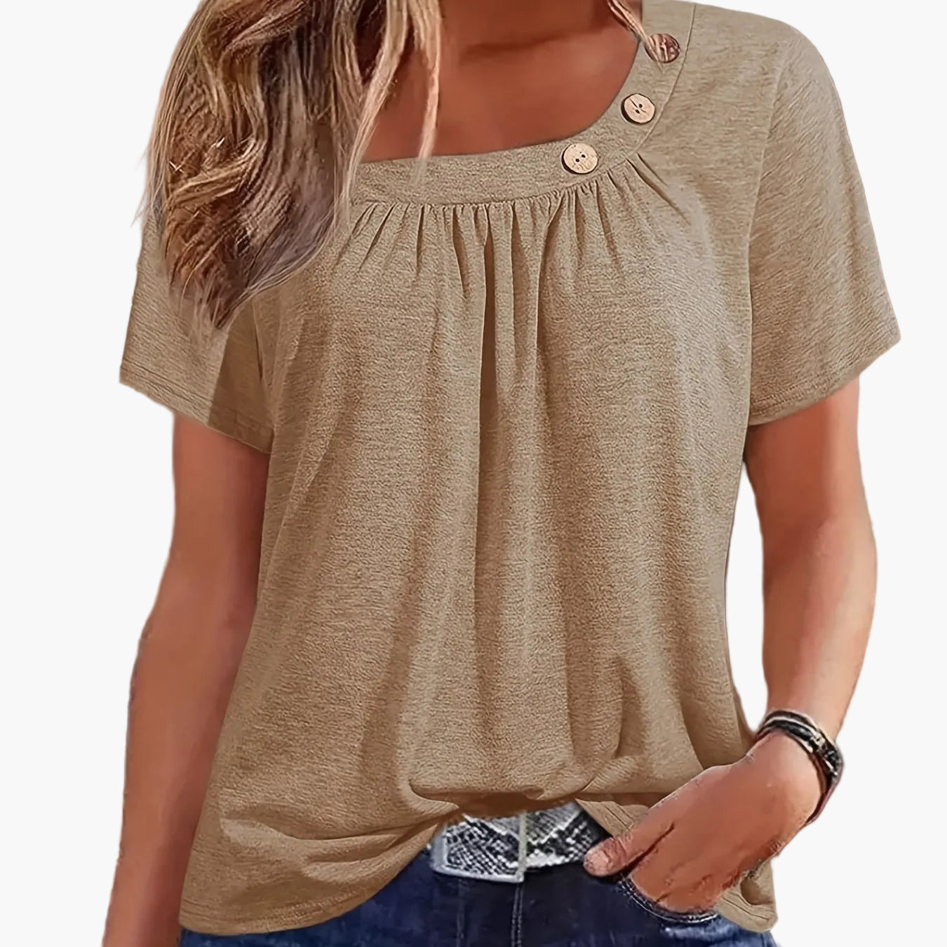 Damen Sommer-Shirt mit asymmetrischem Ausschnitt und Knopfdetail – Lässiges, modisches Freizeitoberteil