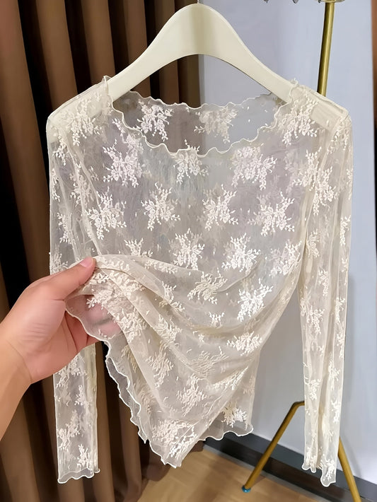 Dam långärmad tröja med blommig brodyr och transparent design – Elegant topp för stilfulla outfits