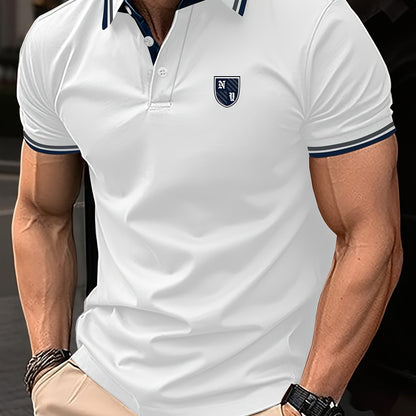 Polo para hombre estilo casual universitario con detalles en contraste y bordado – manga corta para uso diario y tiempo libre