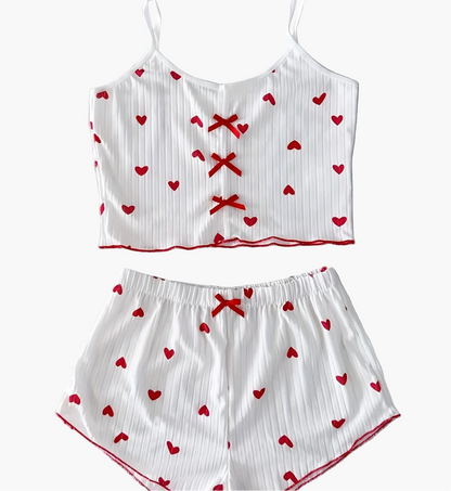 Dame pyjamasæt med hjerteprint og sløjfer – To-delt sommernatsæt, sexet stil