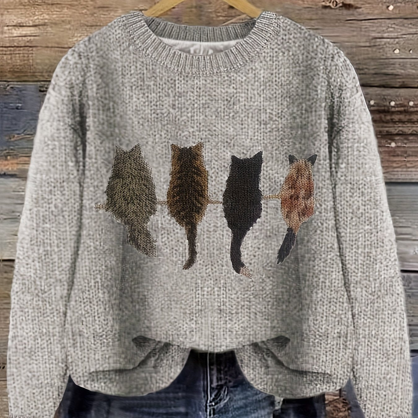 Damen Strickpullover mit Rundhalsausschnitt und Katzen-Print