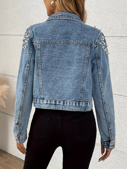 Damesjeansjack lichtblauw met parelversiering