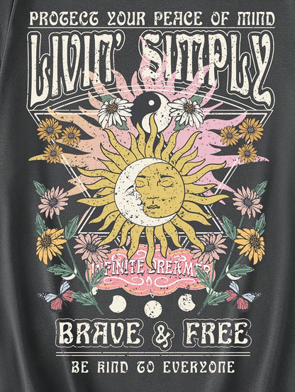 Dame Vintage Grafisk T-skjorte – Boho-stil, Modig & Fri, Kortermet, Sommer