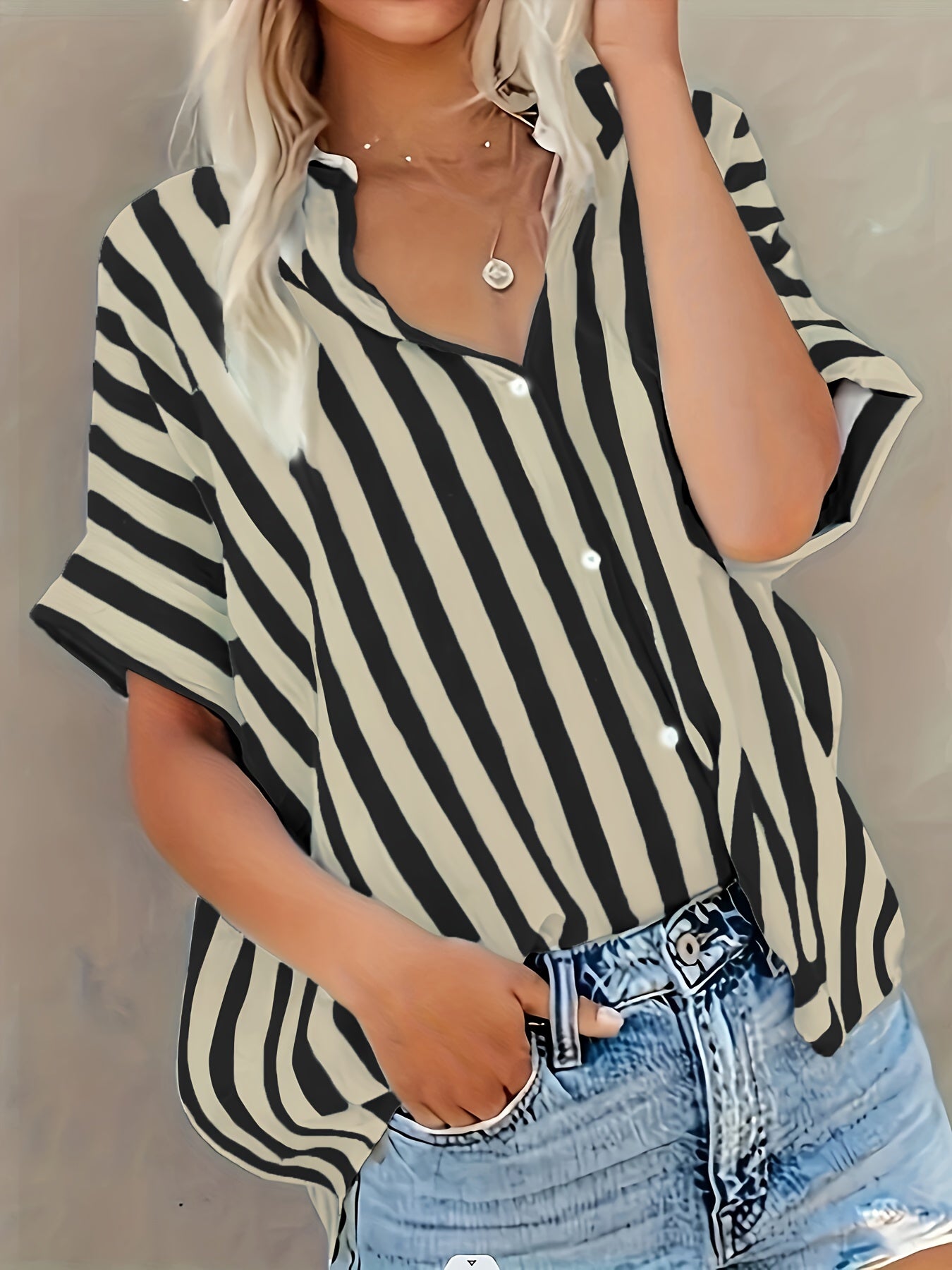Dame afslappet stribet oversize bluse til sommer – elegant fritidsstil
