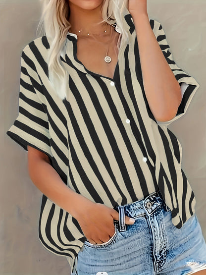Dame afslappet stribet oversize bluse til sommer – elegant fritidsstil