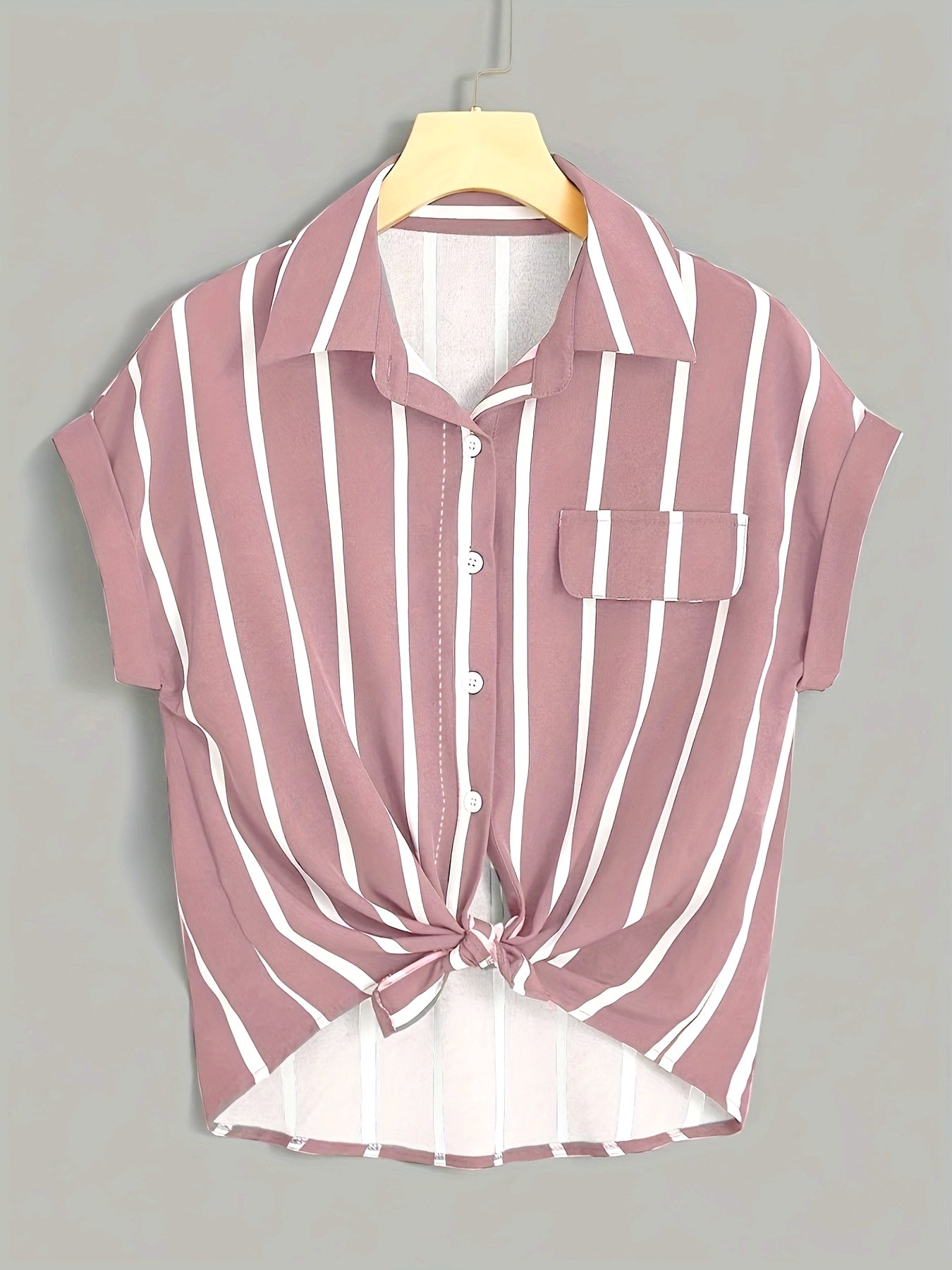 Damen Kurzarm Bluse mit Streifen und Knotenfront – Eleganter Sommer-Look